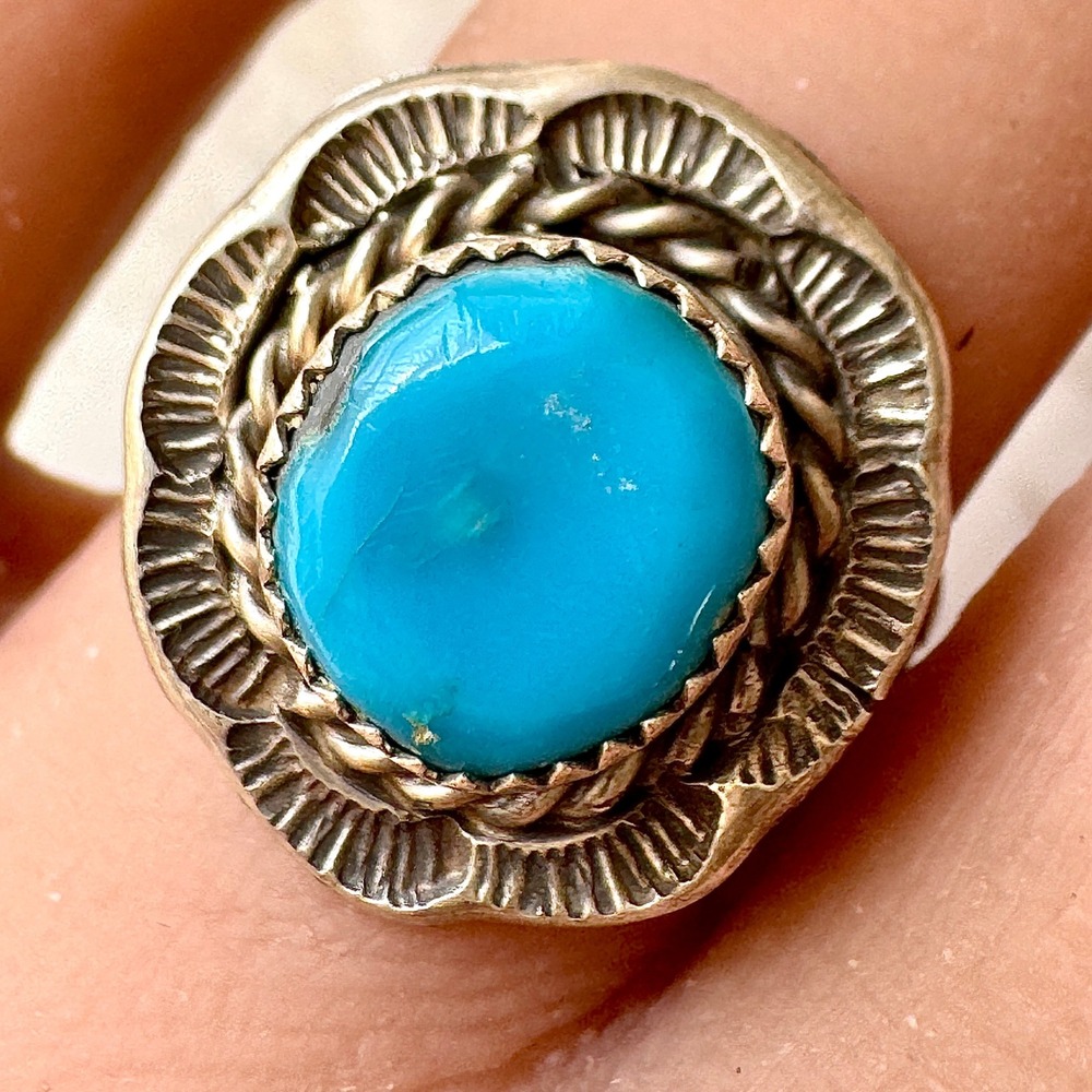 Navajo Turquoise Ring Sz 8.5 Sterling Begay Native American Tooled Rope Bezel